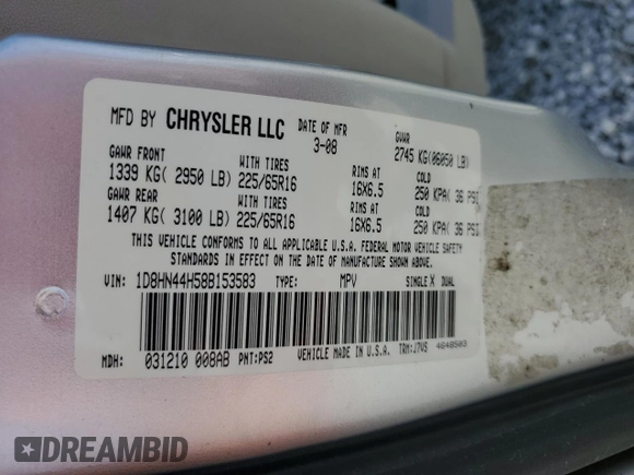 2008 Dodge Grand Caravan SE with VIN 1D8HN44H58B153583, listed as a Copart auction lot 51406255 with 205,456 mi miles and Salvage Title. Bid and sale history available at DreamBid. Image 13.