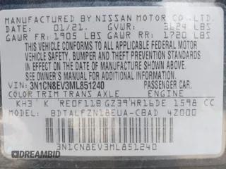 2021 Nissan Versa SV with VIN 3N1CN8EV3ML851240, listed as a IAAI auction lot 42100132 with 81,210 mi miles and . Bid and sale history available at DreamBid. Image 9.