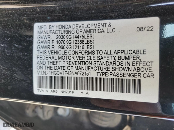 2022 Honda Accord Sedan Sport SE with VIN 1HGCV1F43NA072151, listed as a Copart auction lot 48561465 with 0 mi miles and Salvage Title. Bid and sale history available at carsss.com. Image 14.