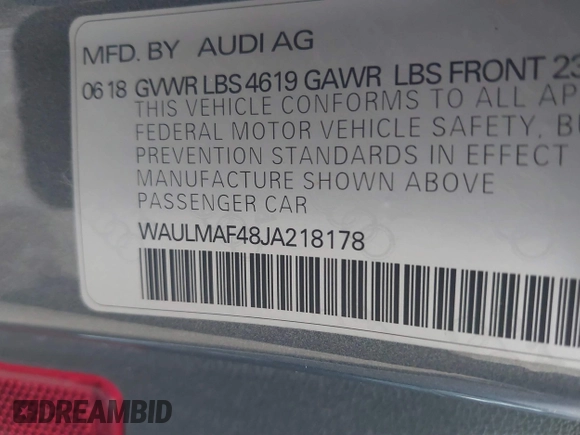 2018 Audi A4 Premium Plus with VIN WAULMAF48JA218178, listed as a IAAI auction lot 41285101 with 47,570 mi miles. Bid and sale history available at carsss.com. Image 9.