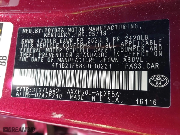 2019 Toyota Avalon Hybrid Limited with VIN 4T1B21FB8KU010221, listed as a IAAI auction lot 41470592 with 100,869 mi miles. Bid and sale history available at carsss.com. Image 9.