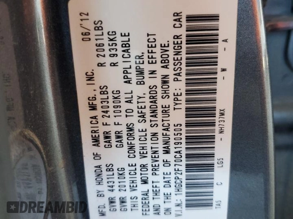 2012 Honda Accord EX с VIN 1HGCP2F70CA190505, выставлен на аукционе Copart как лот 61774845 с пробегом 119 949 миль миль и Списание • Salvage title. История ставок и продаж доступна на DreamBid. Изображение 12.