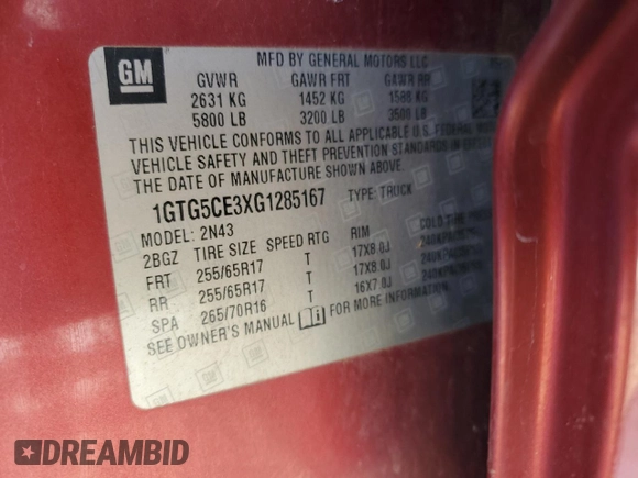 2016 GMC Canyon 2WD SLE with VIN 1GTG5CE3XG1285167, listed as a Copart auction lot 88761355 with 0 mi miles and Non Repairable. Bid and sale history available at carsss.com. Image 13.