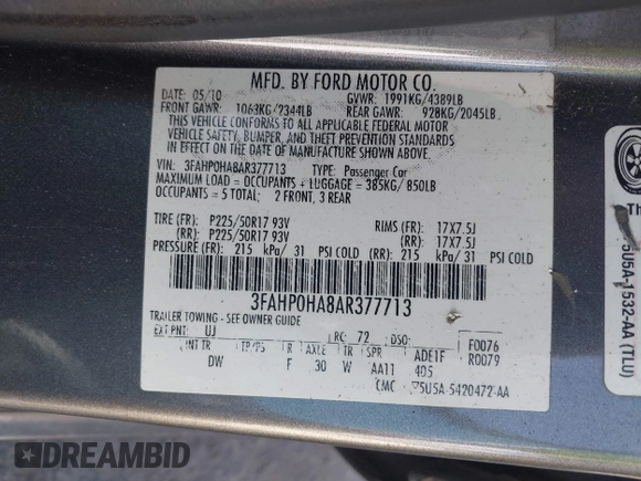 2010 Ford Fusion SE with VIN 3FAHP0HA8AR377713, listed as a IAAI auction lot 42125398 with 168,152 mi miles and . Bid and sale history available at DreamBid. Image 9.