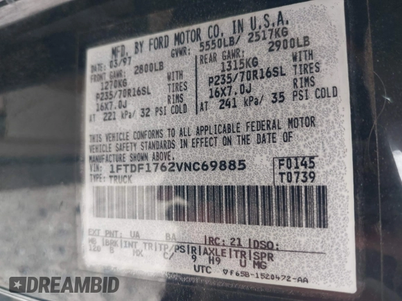 1997 Ford F-150 with VIN 1FTDF1762VNC69885, listed as a IAAI auction lot 41845528 with 181,385 mi miles and . Bid and sale history available at DreamBid. Image 9.