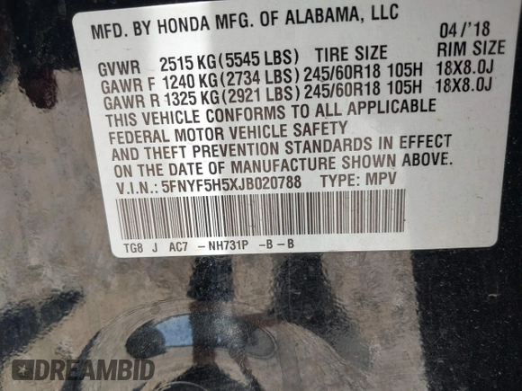 2018 Honda Pilot EX-L with VIN 5FNYF5H5XJB020788, listed as a IAAI auction lot 42034861 with 45,304 mi miles. Bid and sale history available at carsss.com. Image 9.