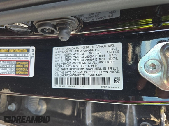 2021 Honda CR-V EX with VIN 2HKRW2H57MH642743, listed as a IAAI auction lot 42832414 with 58,006 mi miles and . Bid and sale history available at DreamBid. Image 4.