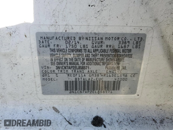 2014 Nissan Versa S Plus with VIN 3N1CN7AP2EL858571, listed as a Copart auction lot 49725135 with Not Provided miles and Salvage Title. Bid and sale history available at DreamBid. Image 13.
