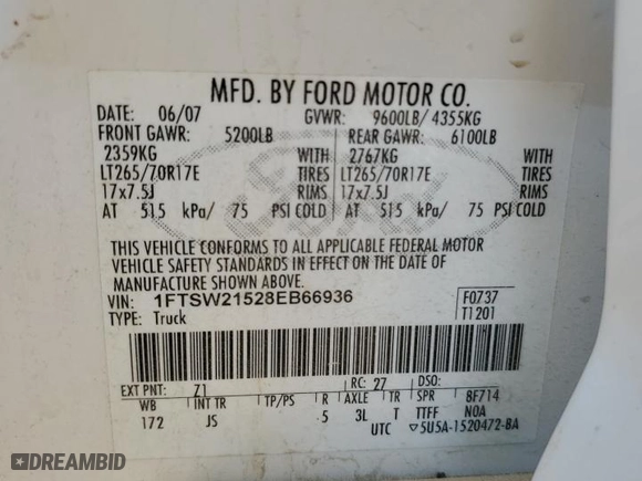 2008 Ford Super Duty F-250 SRW XL with VIN 1FTSW21528EB66936, listed as a Copart auction lot 64451364 with 107,889 mi miles and Clean Title. Bid and sale history available at carsss.com. Image 12.