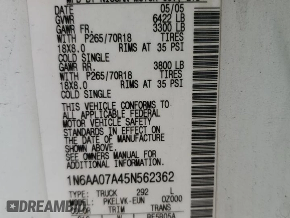 2005 Nissan Titan SE with VIN 1N6AA07A45N562362, listed as a Copart auction lot 70682294 with 229,467 mi miles and Clean Title. Bid and sale history available at DreamBid. Image 12.