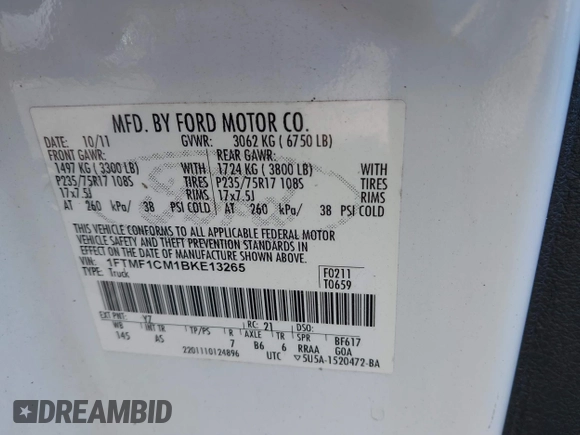 2011 Ford F-150 XL с VIN 1FTMF1CM1BKE13265, выставлен на аукционе IAAI как лот 41973290 с пробегом 246 958 миль миль и . История ставок и продаж доступна на DreamBid. Изображение 9.