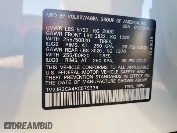 2024 Volkswagen Atlas SE with VIN 1V2JR2CA4RC579336, listed as a Copart auction lot 78818834 with 18 mi miles and Salvage title. Bid and sale history available at DreamBid. Image 13.