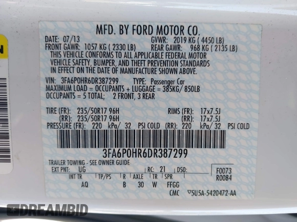 2013 Ford Fusion SE with VIN 3FA6P0HR6DR387299, listed as a IAAI auction lot 42403377 with 229,359 mi miles and . Bid and sale history available at DreamBid. Image 9.