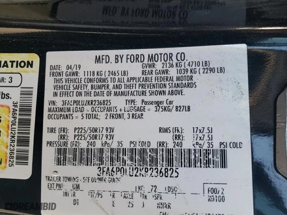 2019 Ford Fusion Hybrid SE with VIN 3FA6P0LU2KR236825, listed as a Copart auction lot 44647785 with 185,406 mi miles and Salvage Title. Bid and sale history available at carsss.com. Image 13.