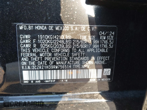 2024 Honda HR-V LX with VIN 3CZRZ1H39RM756514, listed as a IAAI auction lot 41530795 with 10,013 mi miles. Bid and sale history available at carsss.com. Image 9.