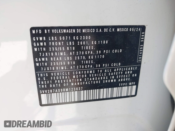 2024 Volkswagen Tiguan SE с VIN 3VV2B7AX9RM123637, выставлен на аукционе IAAI как лот 42446754 с пробегом 20 573 миль миль и . История ставок и продаж доступна на DreamBid. Изображение 9.