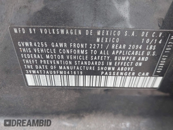 2015 Volkswagen Golf GTI S with VIN 3VW4T7AU9FM041619, listed as a IAAI auction lot 40953140 with 170,200 mi miles. Bid and sale history available at carsss.com. Image 9.