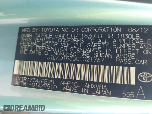 2012 Toyota Prius One with VIN JTDKDTB33C1021767, listed as a IAAI auction lot 42466233 with 159,372 mi miles and . Bid and sale history available at DreamBid. Image 9.