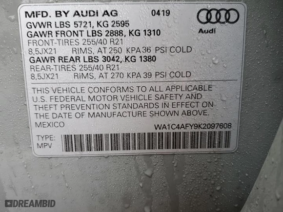 2019 Audi SQ5 Prestige with VIN WA1C4AFY9K2097608, listed as a Copart auction lot 73487022 with 22,154 mi miles. Bid and sale history available at carsss.com. Image 15.