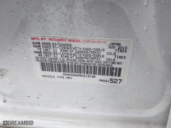 2011 Mitsubishi Outlander SE with VIN JA4AS3AW3BU019148, listed as a IAAI auction lot 41851004 with 88,989 mi miles. Bid and sale history available at carsss.com. Image 9.