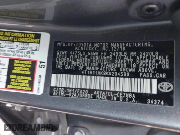 2019 Toyota Camry LE with VIN 4T1B11HK8KU204599, listed as a IAAI auction lot 42096889 with 76,518 mi miles and . Bid and sale history available at DreamBid. Image 9.