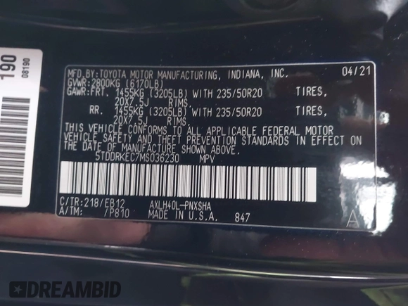 2021 Toyota Sienna XSE with VIN 5TDDRKEC7MS036230, listed as a IAAI auction lot 41454720 with 49,650 mi miles and . Bid and sale history available at DreamBid. Image 9.