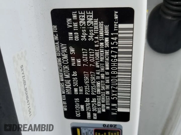 2017 Hyundai Santa Fe 2.4L with VIN 5XYZUDLB0HG471541, listed as a Copart auction lot 55471745 with 112,002 mi miles and Salvage title. Bid and sale history available at DreamBid. Image 13.
