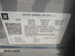2021 Chevrolet Traverse LT Cloth with VIN 1GNEVGKW1MJ197818, listed as a IAAI auction lot 41781257 with 57,334 mi miles. Bid and sale history available at carsss.com. Image 9.