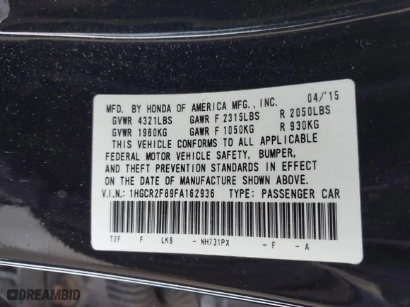 2015 Honda Accord Sedan EX-L with VIN 1HGCR2F89FA162936, listed as a IAAI auction lot 41932167 with 125,646 mi miles. Bid and sale history available at carsss.com. Image 9.