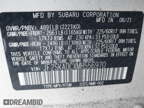 2021 Subaru Forester with VIN JF2SKADCXMH556970, listed as a IAAI auction lot 41266365 with 86,006 mi miles. Bid and sale history available at carsss.com. Image 9.