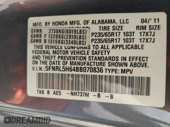 2011 Honda Odyssey EX-L with VIN 5FNRL5H64BB070836, listed as a IAAI auction lot 42520878 with 162,316 mi miles and . Bid and sale history available at DreamBid. Image 9.