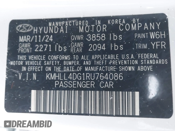 2024 Hyundai Elantra SE with VIN KMHLL4DG1RU764086, listed as a IAAI auction lot 41525779 with 4,261 mi miles and . Bid and sale history available at DreamBid. Image 9.