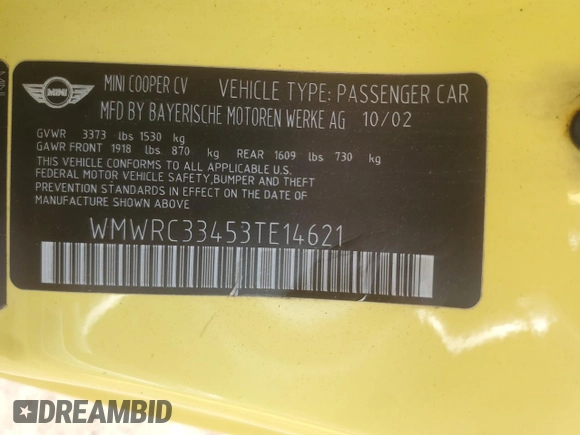 2003 MINI Hardtop z VIN WMWRC33453TE14621, wystawiony jako Copart lot #51748165 z przebiegiem 114 327 mil mil oraz Szkoda całkowita • Salvage title. Historia ofert i sprzedaży dostępna na DreamBid. Obrazek 12.