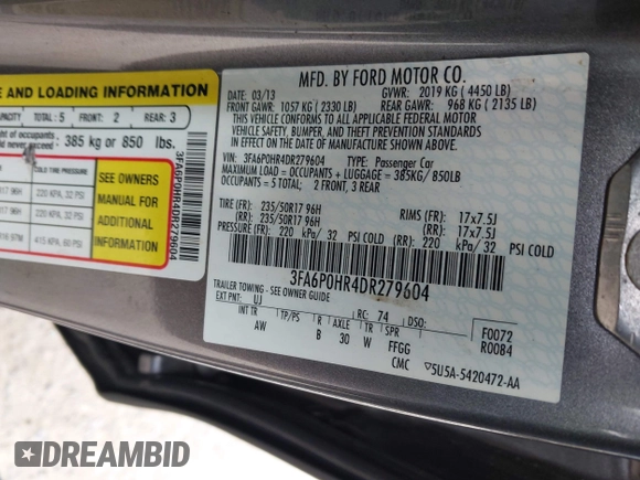 2013 Ford Fusion SE with VIN 3FA6P0HR4DR279604, listed as a IAAI auction lot 42514059 with 137,558 mi miles and . Bid and sale history available at DreamBid. Image 9.