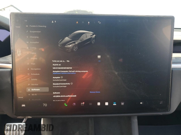 2022 Tesla Model S with VIN 5YJSA1E51NF482745, listed as a Copart auction lot 42562955 with 75,573 mi miles and Salvage Title. Bid and sale history available at DreamBid. Image 9.