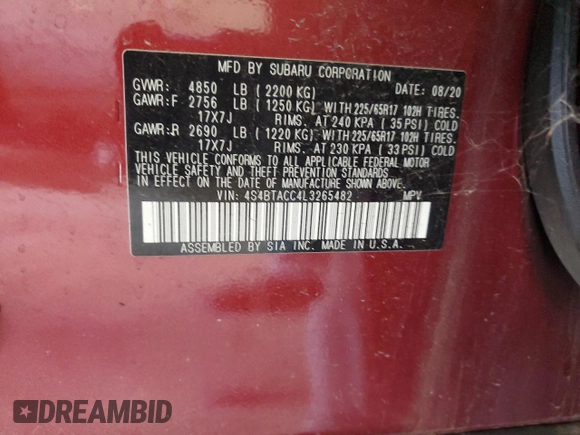 2020 Subaru Outback Premium with VIN 4S4BTACC4L3265482, listed as a Copart auction lot 61729865 with 56,944 mi miles and Non repairable. Bid and sale history available at DreamBid. Image 13.
