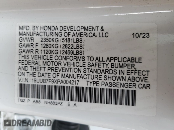 2023 Acura TLX Type S w/Performance Tire with VIN 19UUB7F9XPA004217, listed as a Copart auction lot 52958995 with 20,263 mi miles and Salvage Title. Bid and sale history available at carsss.com. Image 14.