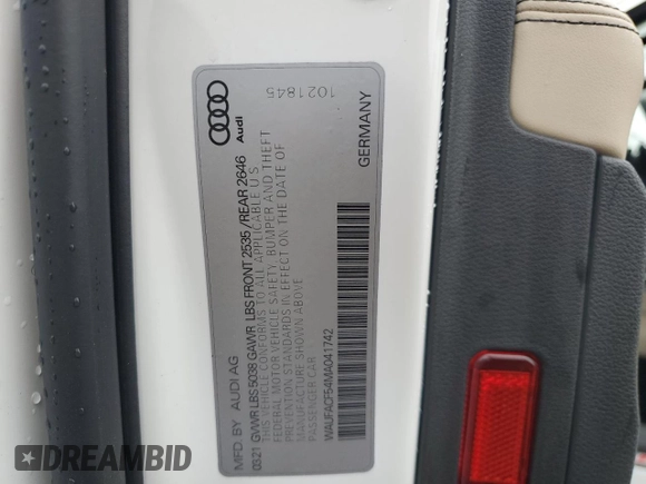 2021 Audi A5 Sportback S line Premium Plus with VIN WAUFACF54MA041742, listed as a Copart auction lot 48866535 with 0 mi miles and Salvage Title. Bid and sale history available at carsss.com. Image 14.