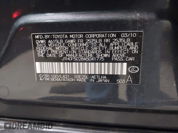 2010 Lexus IS 250 with VIN JTHCF5C28A5041775, listed as a IAAI auction lot 42364472 with 159,140 mi miles and . Bid and sale history available at DreamBid. Image 9.