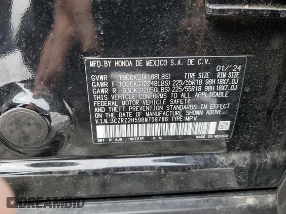2024 Honda HR-V Sport with VIN 3CZRZ2H59RM758786, listed as a Copart auction lot 45756845 with 21,430 mi miles and Salvage Title. Bid and sale history available at carsss.com. Image 13.