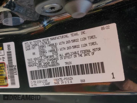 2022 Toyota Tundra Capstone Hybrid with VIN 5TFVC5DB7NX008259, listed as a Copart auction lot 44306175 with 73,691 mi miles and Salvage title. Bid and sale history available at DreamBid. Image 12.