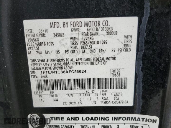 2010 Ford F-150 XL with VIN 1FTEW1C88AFC56624, listed as a Copart auction lot 50648135 with 228,961 mi miles and Salvage Title. Bid and sale history available at carsss.com. Image 14.