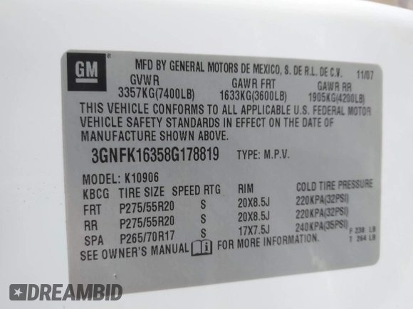 2008 Chevrolet Suburban LTZ with VIN 3GNFK16358G178819, listed as a IAAI auction lot 41511544 with 184,718 mi miles. Bid and sale history available at carsss.com. Image 9.