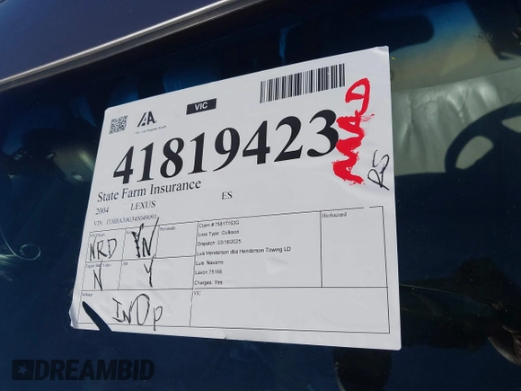 2004 Lexus ES 350 with VIN JTHBA30G345049091, listed as a IAAI auction lot 41819423 with Not provided miles and . Bid and sale history available at DreamBid. Image 16.