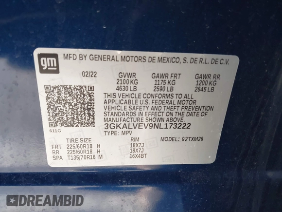 2022 GMC Terrain SLT with VIN 3GKALVEV9NL173222, listed as a IAAI auction lot 41849742 with 59,807 mi miles and . Bid and sale history available at DreamBid. Image 9.