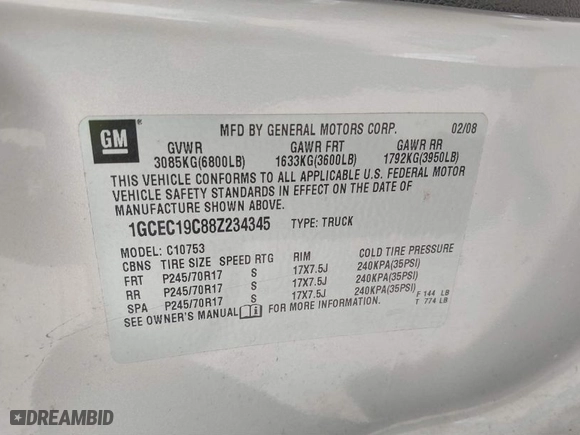 2008 Chevrolet Silverado 1500 Work Truck with VIN 1GCEC19C88Z234345, listed as a IAAI auction lot 41641815 with 123,050 mi miles. Bid and sale history available at carsss.com. Image 9.