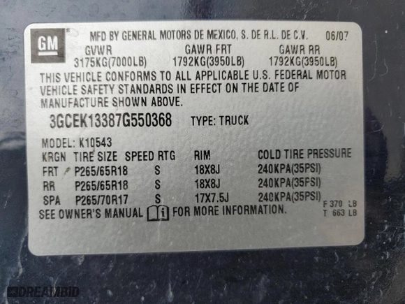 2007 Chevrolet Silverado 1500 LT w/1LT with VIN 3GCEK13387G550368, listed as a Copart auction lot 44738345 with 140,994 mi miles and Salvage Title. Bid and sale history available at carsss.com. Image 13.