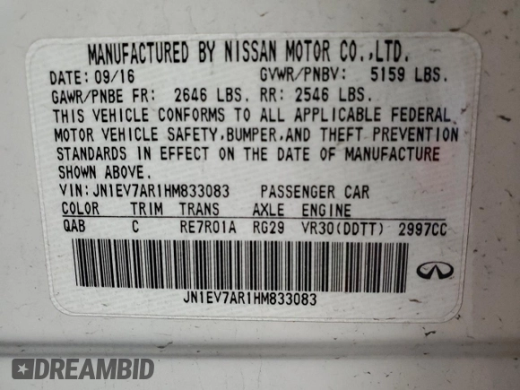 2017 Infiniti Q50 Premium with VIN JN1EV7AR1HM833083, listed as a Copart auction lot 58192595 with 140,939 mi miles and Clean title. Bid and sale history available at DreamBid. Image 12.