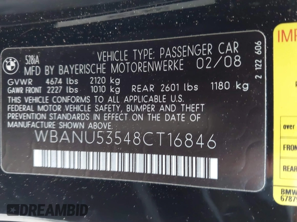 2008 BMW 5 Series 528i with VIN WBANU53548CT16846, listed as a IAAI auction lot 41786109 with Not Provided miles and . Bid and sale history available at carsss.com. Image 9.