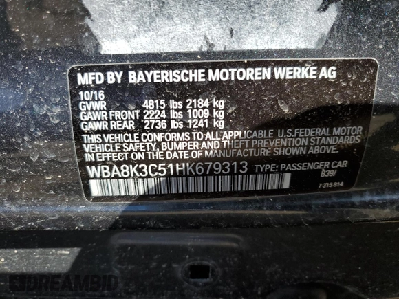 2017 BMW 3 Series 330i xDrive with VIN WBA8K3C51HK679313, listed as a Copart auction lot 50320154 with Not Provided miles and Non Repairable. Bid and sale history available at carsss.com. Image 14.